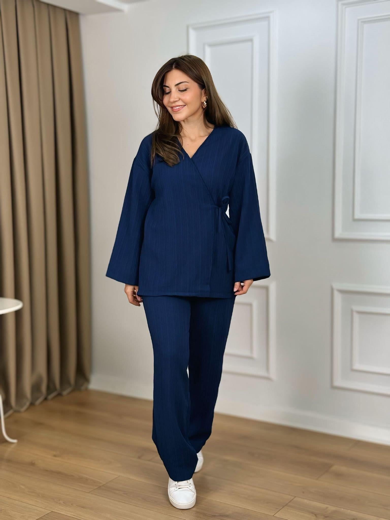 Lacivert Kruvaze Yaka Bağlamalı Kimono Takım 26118