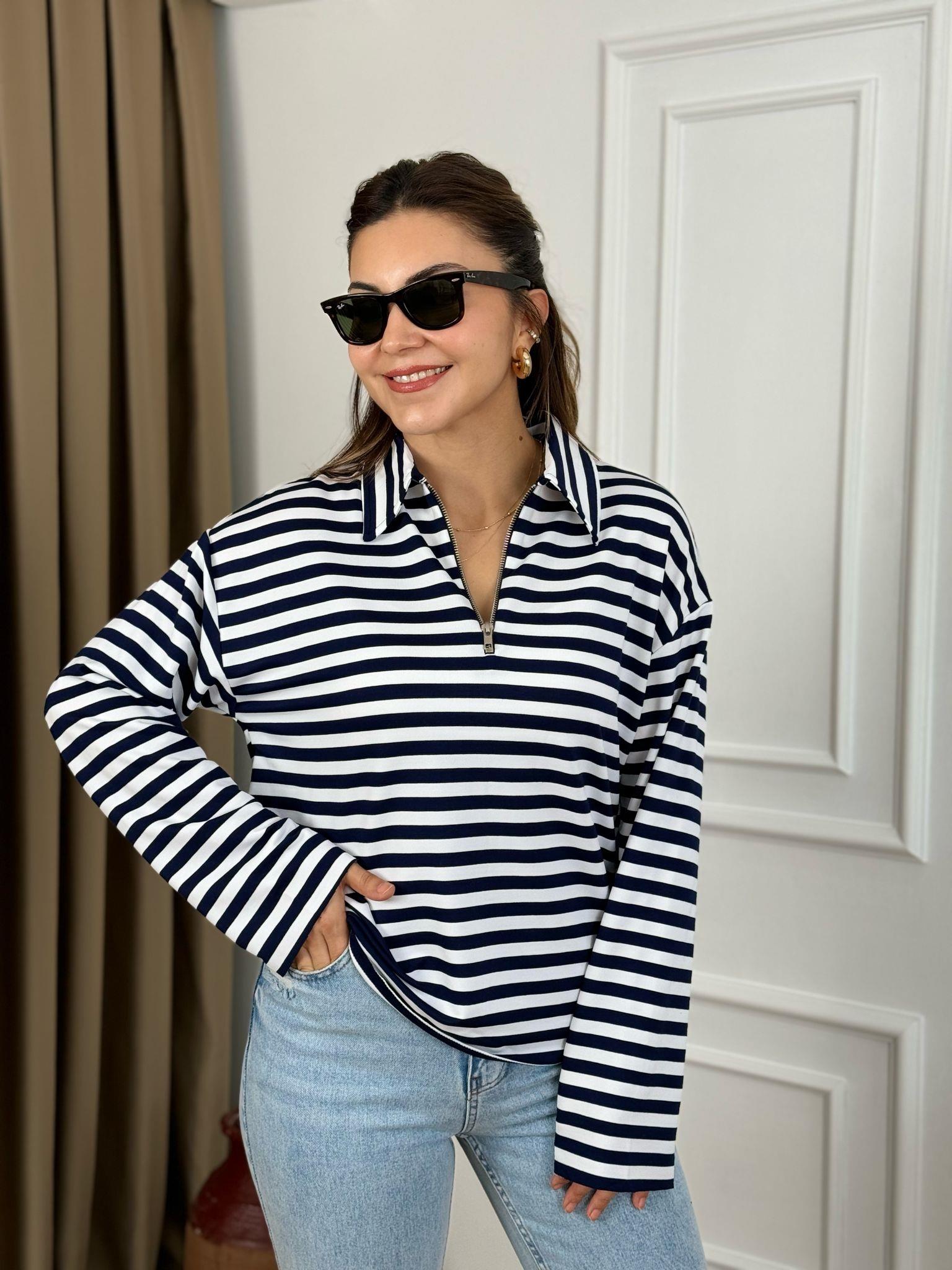 Lacivert Polo Yaka Fermuarlı Çizgili Sweatshirt 23581