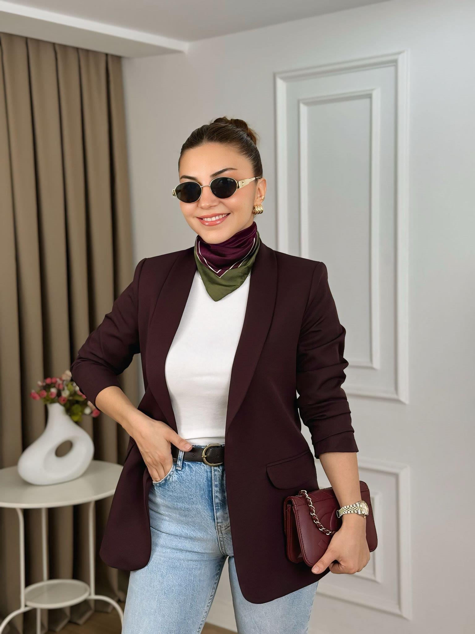 Mürdüm Kolu Büzgülü Astarlı Blazer Ceket 3102