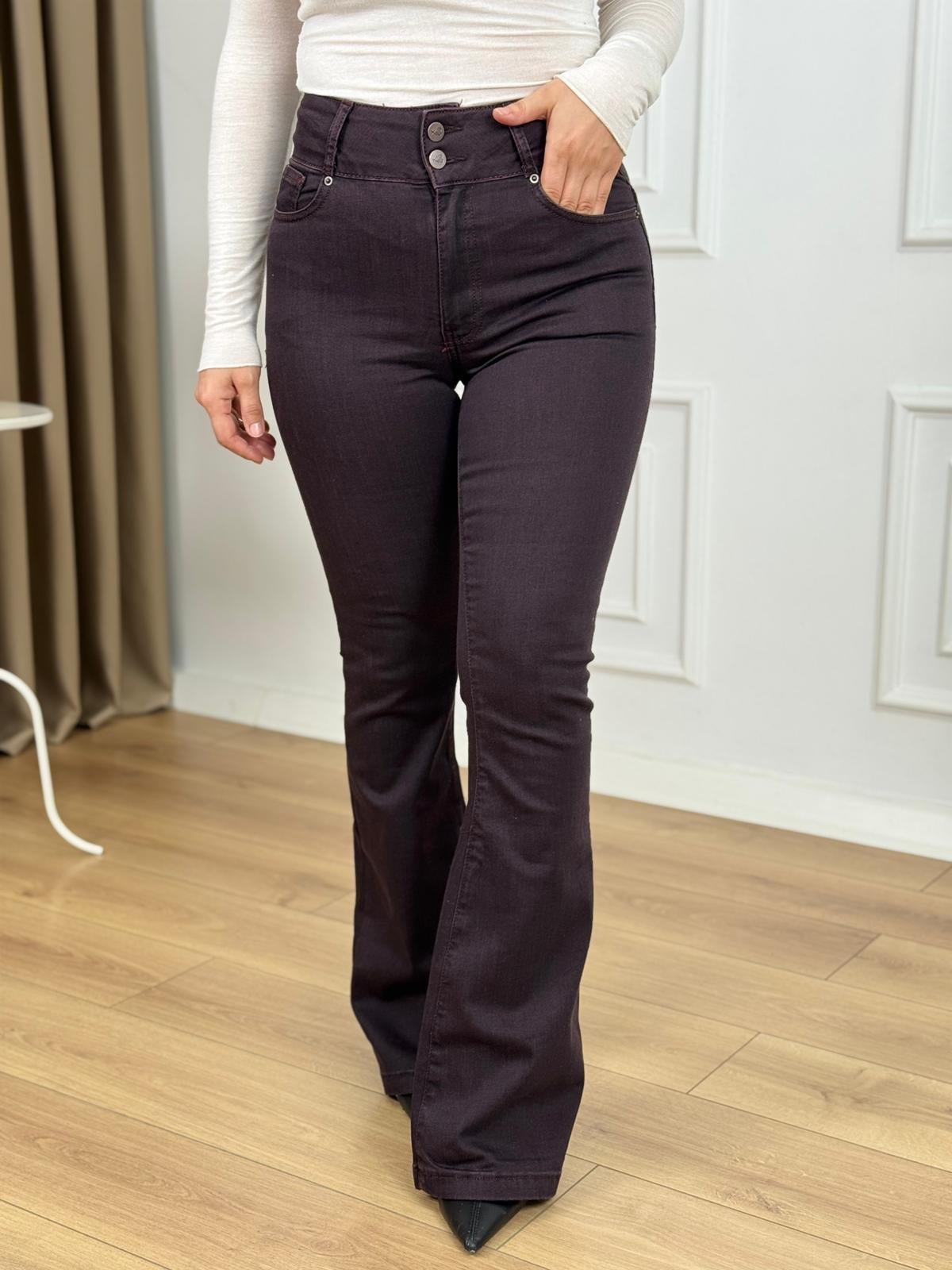 Mürdüm Yüksek Bel Likralı Pensli Geniş Kemerli Jean Pantolon 7151