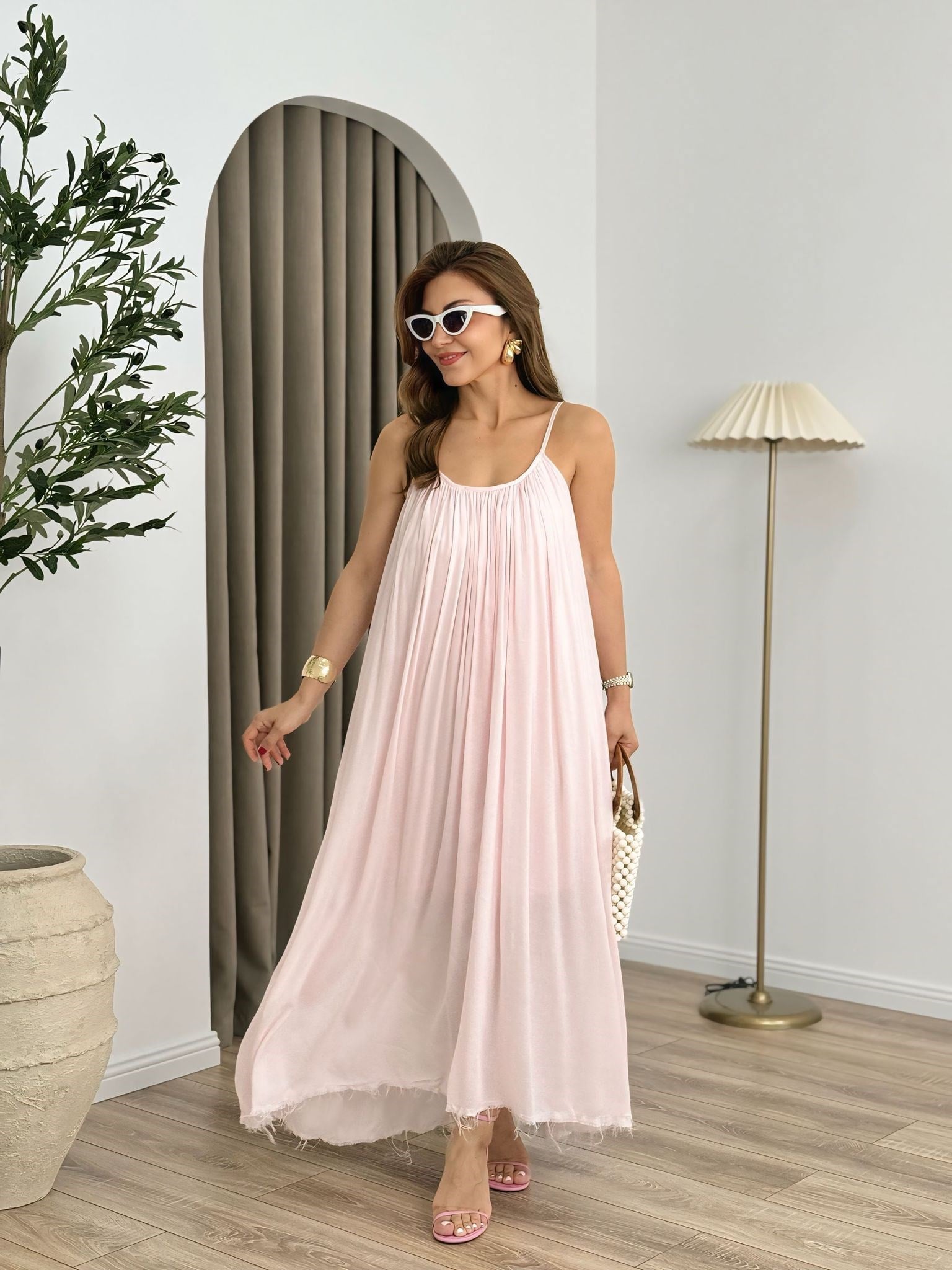 Pembe Premium Seri%100 Pamuk Maxi Salaş Elbise 3173