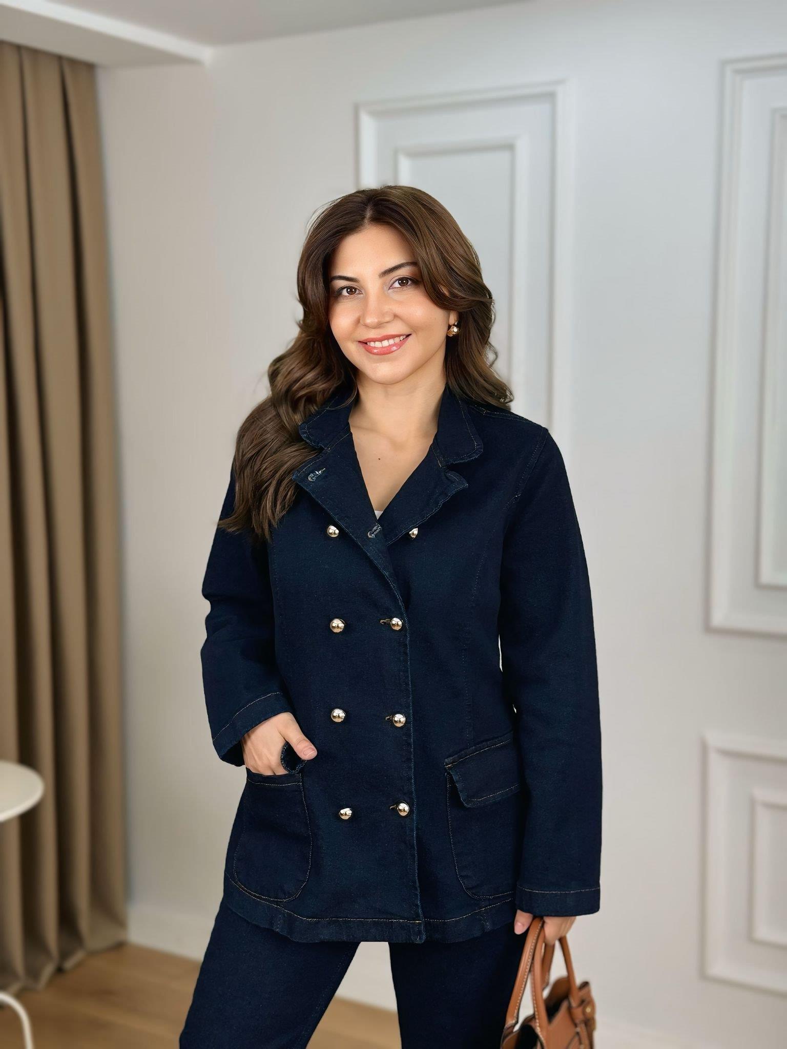 Rins Lacivert Belden Oturtmalı Düğmeli Jean Ceket 6248