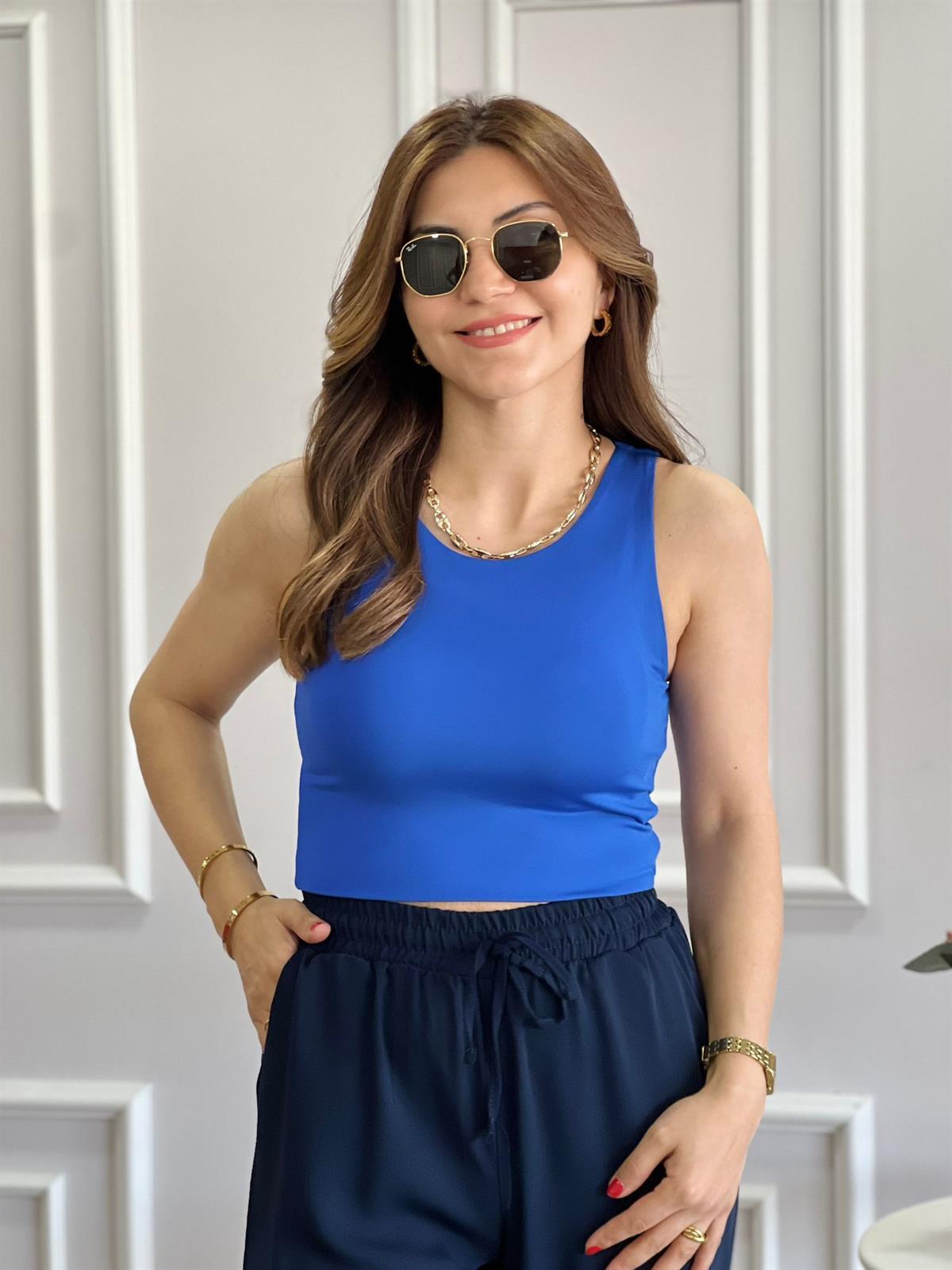 Saks Mavi Yuvarlak Yaka Crop Atlet 0017