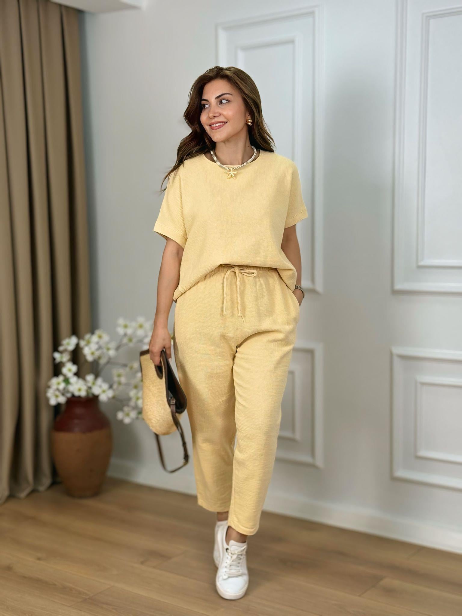 Sarı Ham Keten Bluz Pantolon Takım 52730
