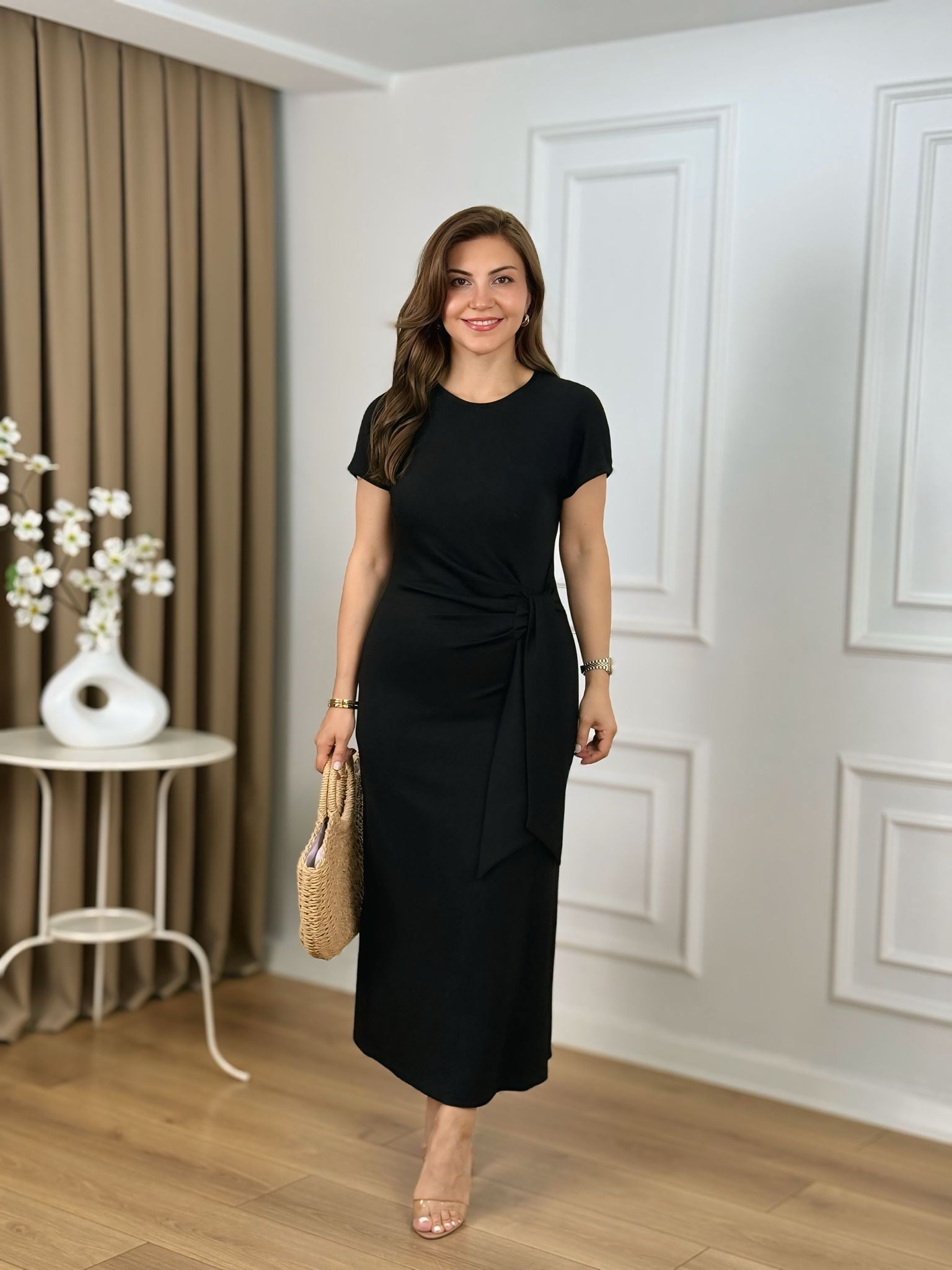 Siyah Bisiklet Yaka Yandan Bağlamalı Modal Kumaş Elbise 265319