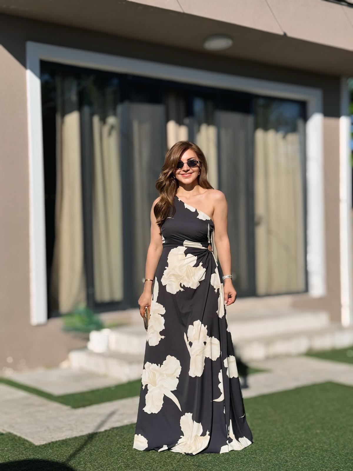Siyah Ekru Tek Omuz Bel Dekolteli Elbise255956