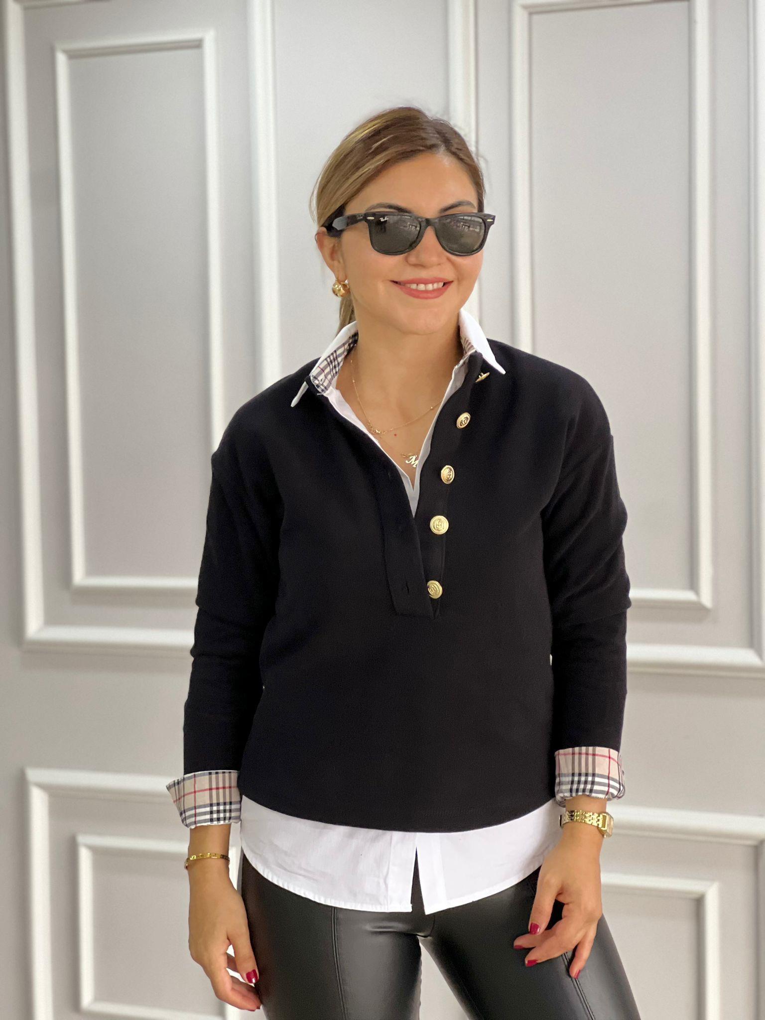 Siyah Gold Düğmeli Selanik Örgü Sweatshirt 22519