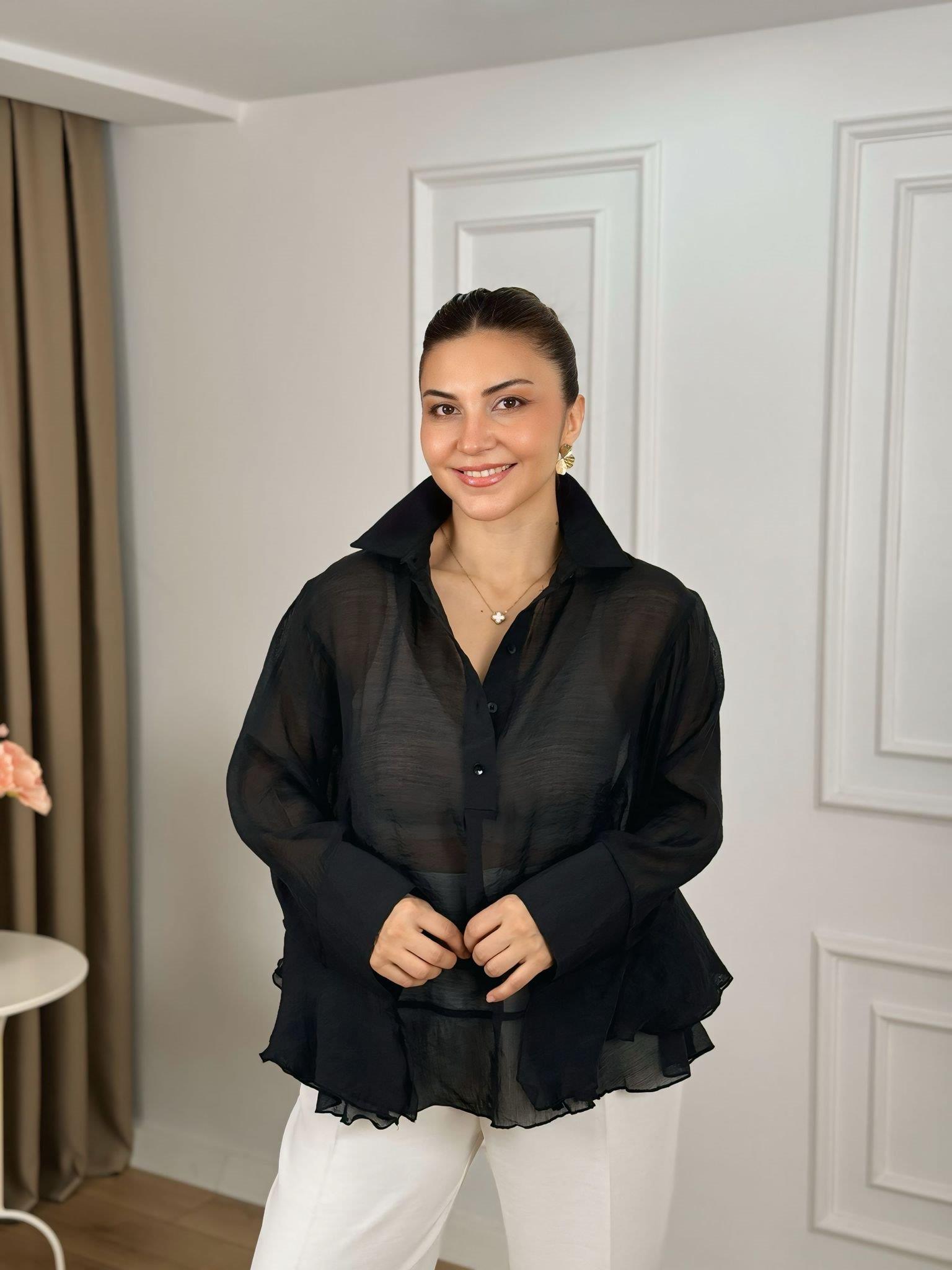 Siyah Kolları Volanlı Bluz 5031