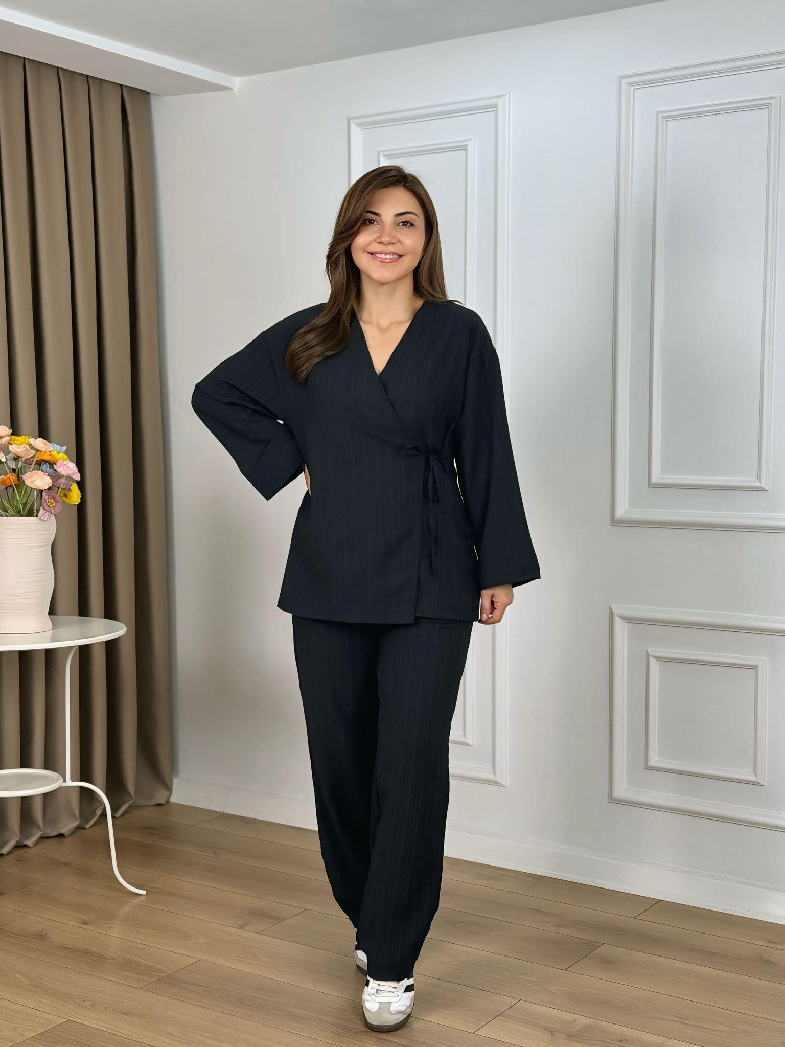 Siyah Kruvaze Yaka Bağlamalı Kimono Takım 26118