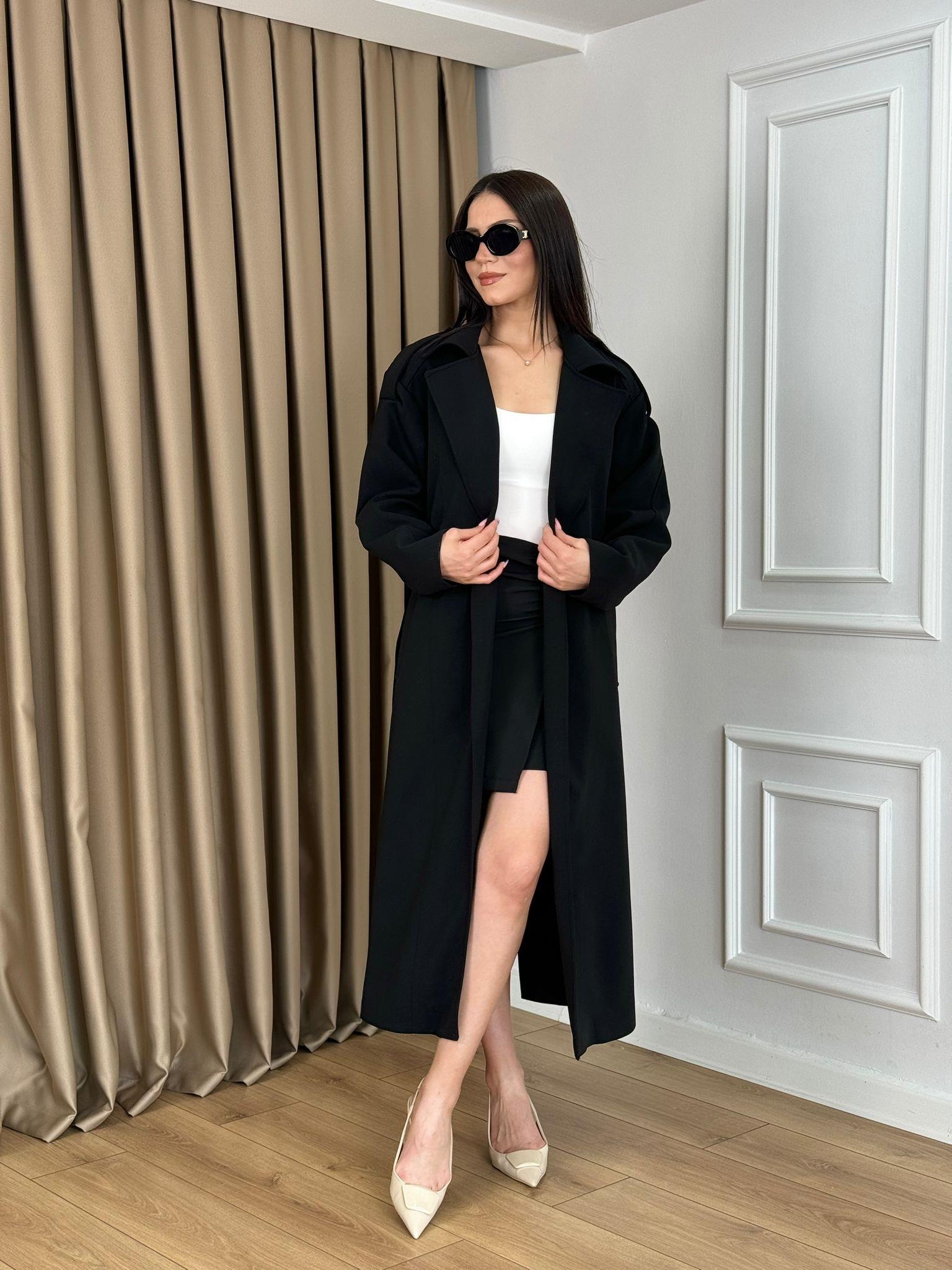 Siyah Kuşaklı Astarlı Lüks Kalite Atlas Kumaş Trenchcoat 9455