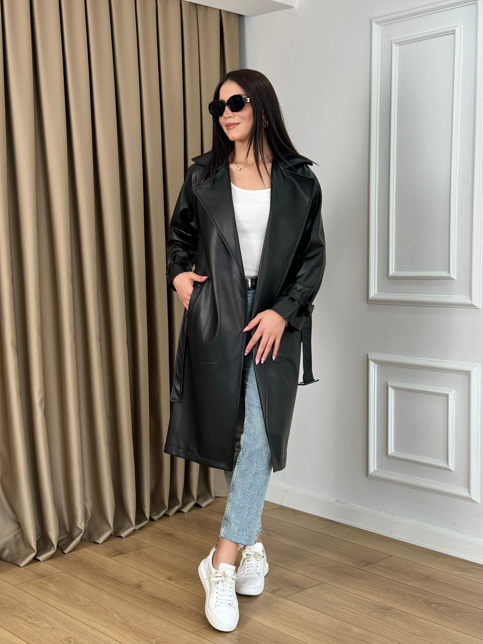 Siyah Kuşaklı Astarlı Lüks Kalite Deri Trenchcoat 7890