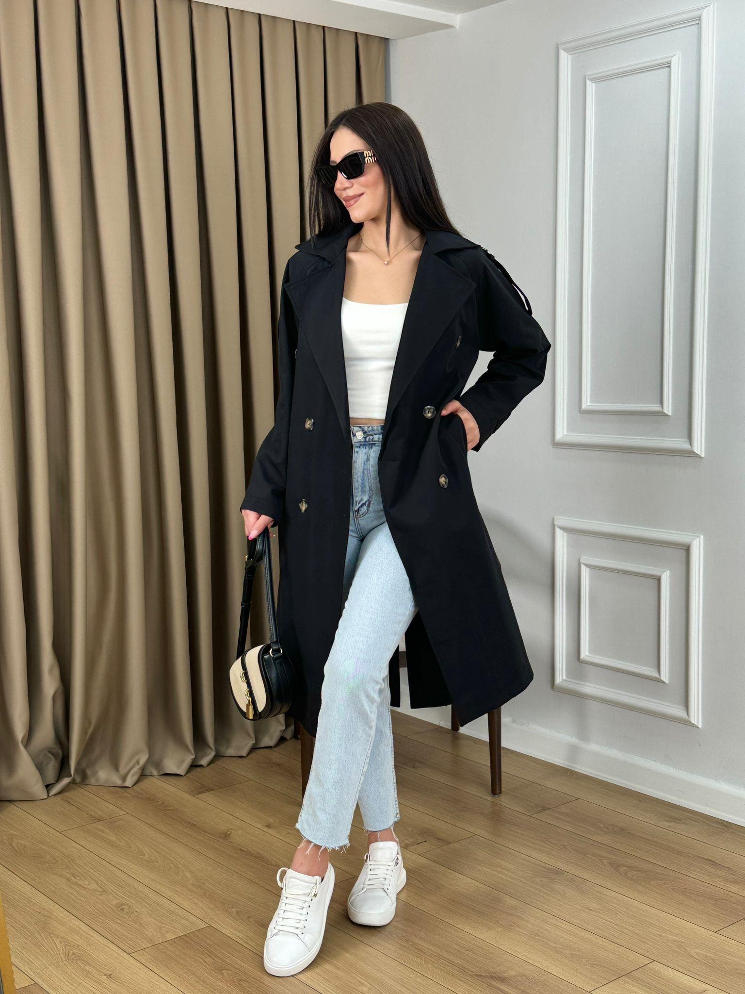 Siyah Kuşaklı Astarlı Lüks Kalite Trenchcoat 95135
