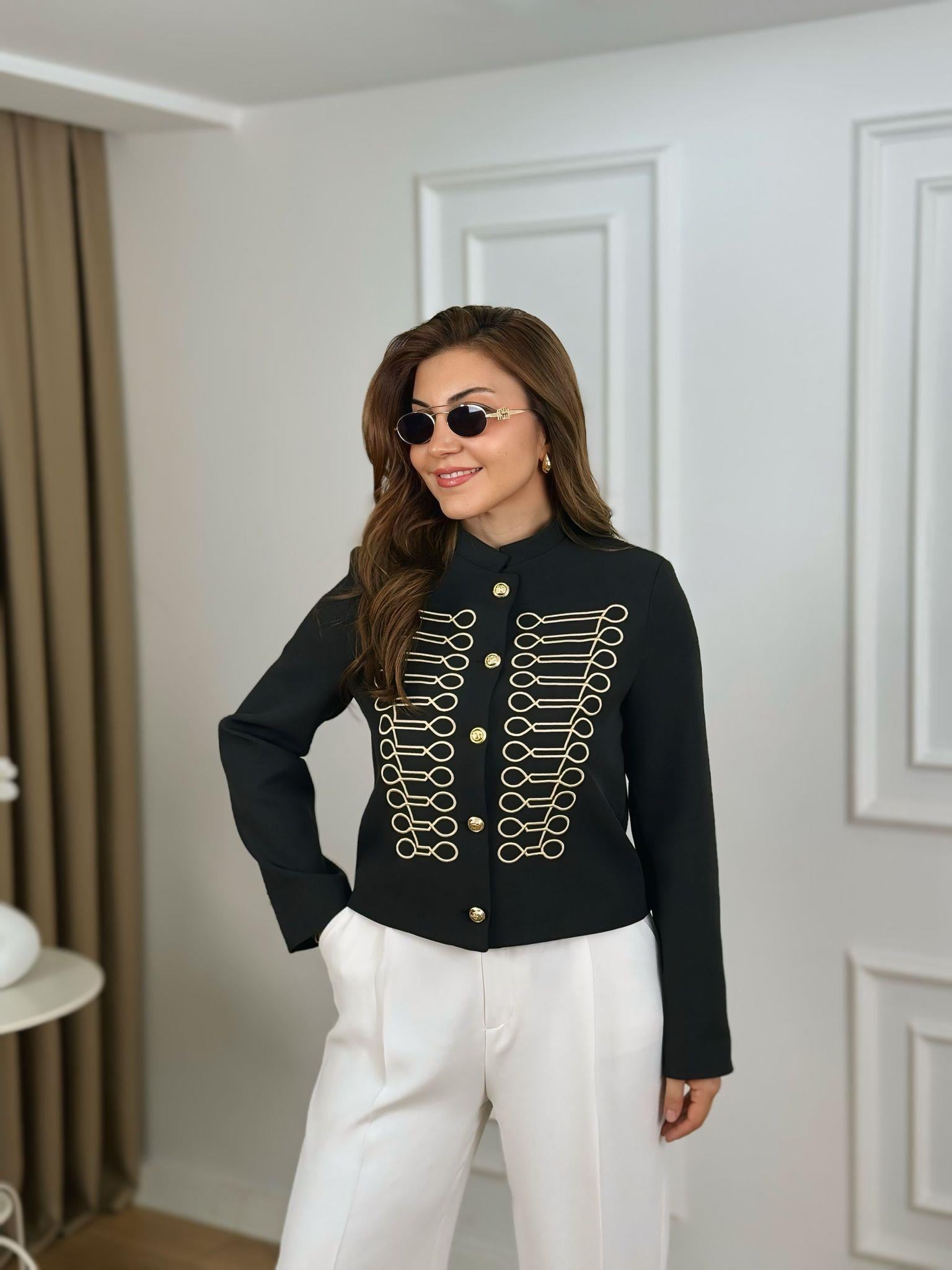 Siyah Nakışlı Hakim Yaka Ceket 94128