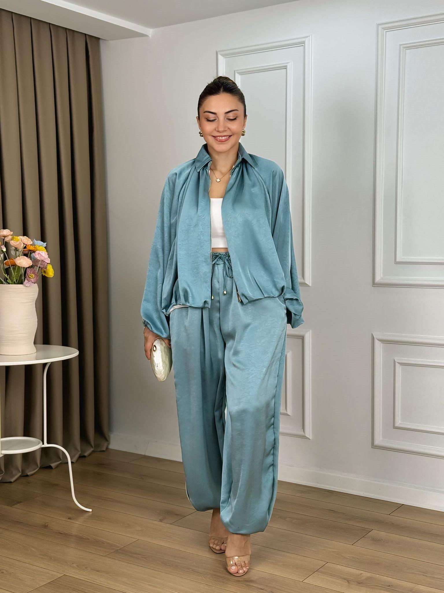 Su Yeşili Beli Lastikli Yarasa Kol Oversize Kalıp Ceket Pantolon Takım 26101
