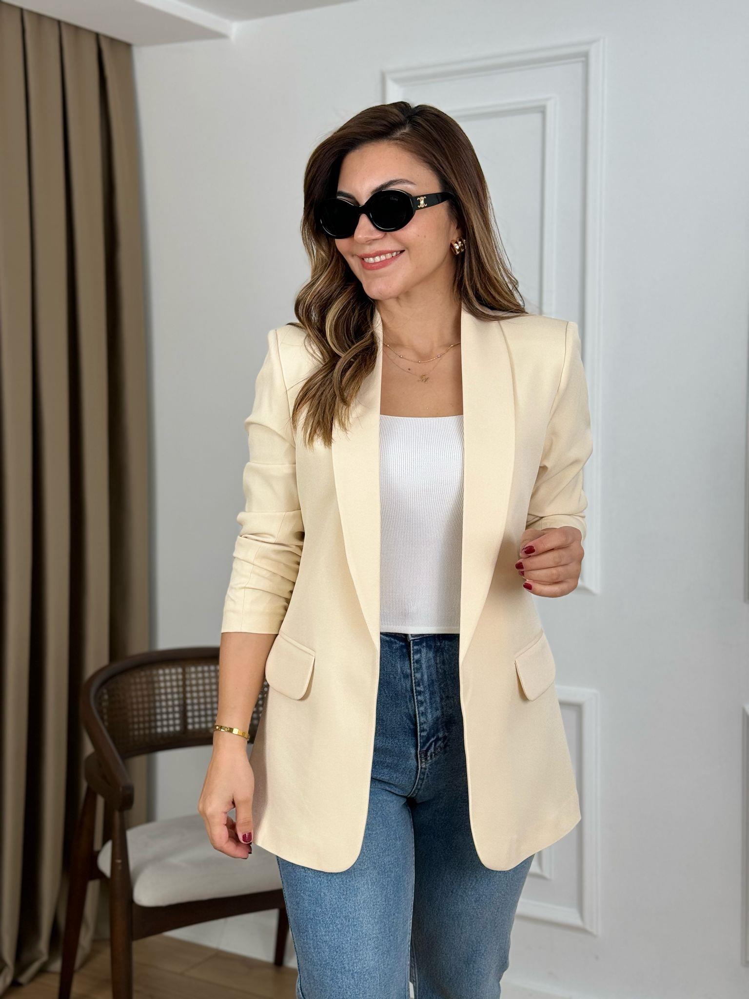 Taş Düğmesiz Astarlı Kolu Büzgülü Blazer Ceket 3101