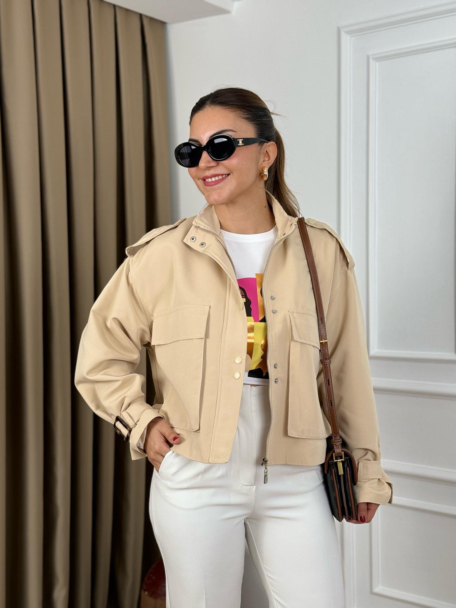 Taş Torba Cep Fermuarlı Çıtçıtlı Kısa Trenchcoat 6110