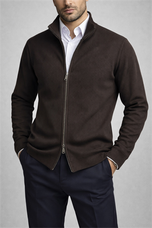 Erkek Slim Fit Kahverengi Çift Fermuarlı Hırka