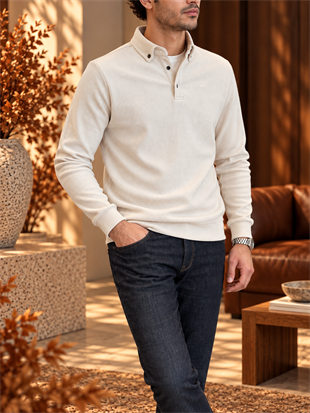 Erkek Slim Fit Krem Kadife Sweatshirt