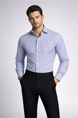 Erkek Slim Fit Lacivert Renk Çizgili Gömlek