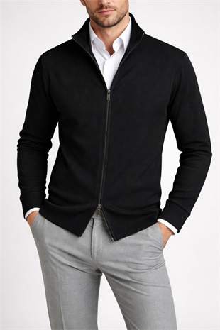 Erkek Slim Fit Siyah Çift Fermuarlı Hırka