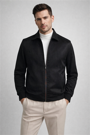 Erkek Slim Fit Siyah Renk Baharlık Nubuk Mont