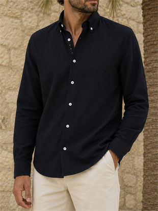 Erkek Slim Fit Siyah Renk Gofre Gömlek