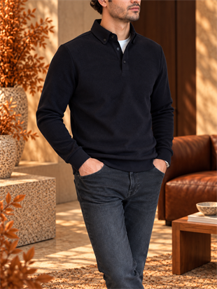 Erkek Slim Fit Siyah Renk Kadife Sweatshirt