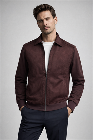 Erkek Slim Fit Vişne Renk Baharlık Nubuk Mont