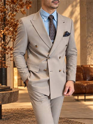 Erkek Slim Fit Vizon Renk Kruvaze Takım Elbise