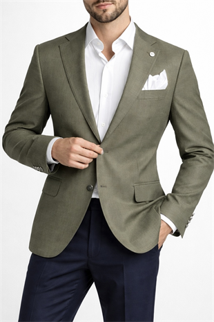 Erkek Slim Fit Yeşil Renk Keten Ceket