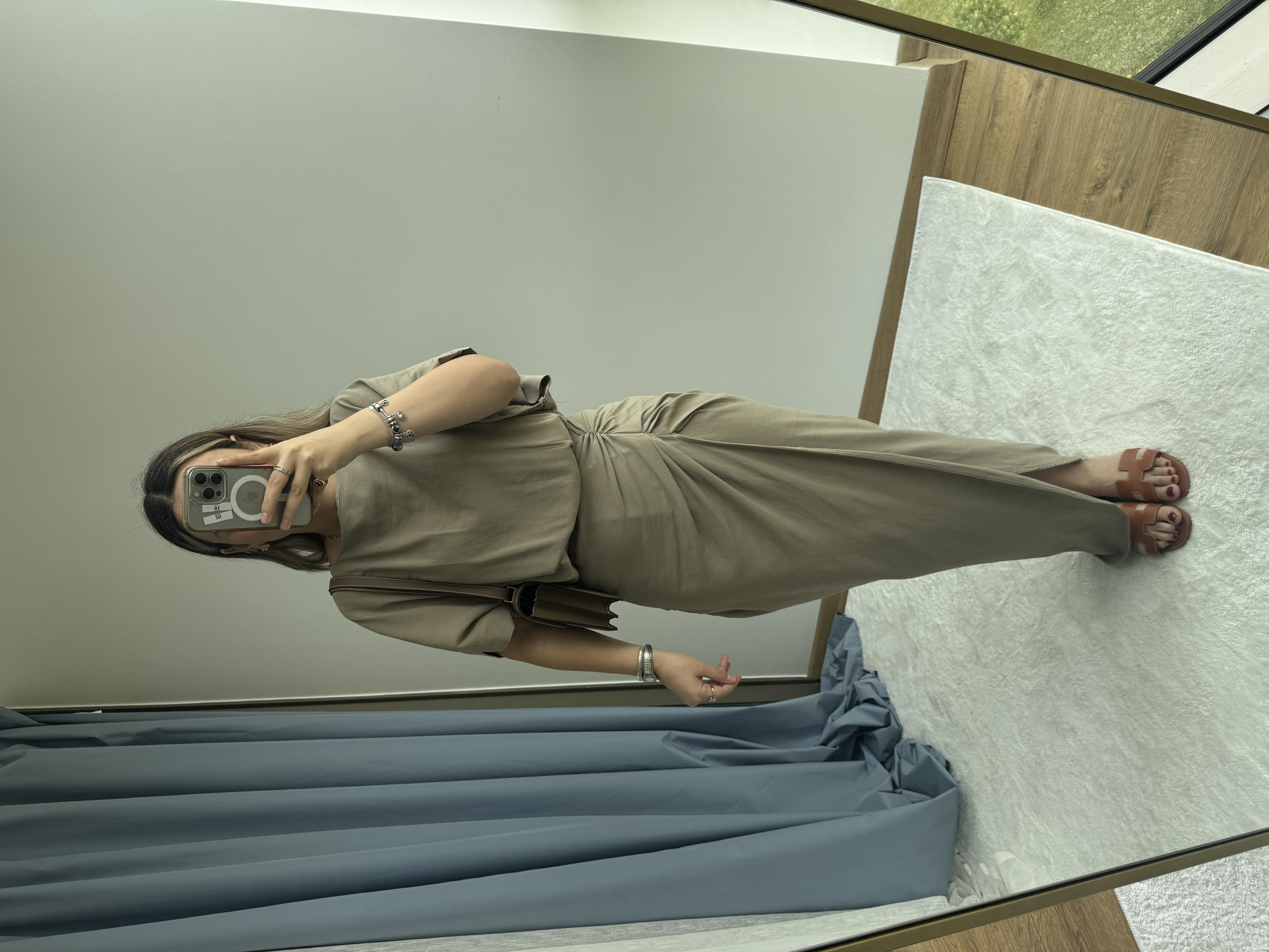 HAM KETEN KAHVE MAKSİ BOY ELBİSE