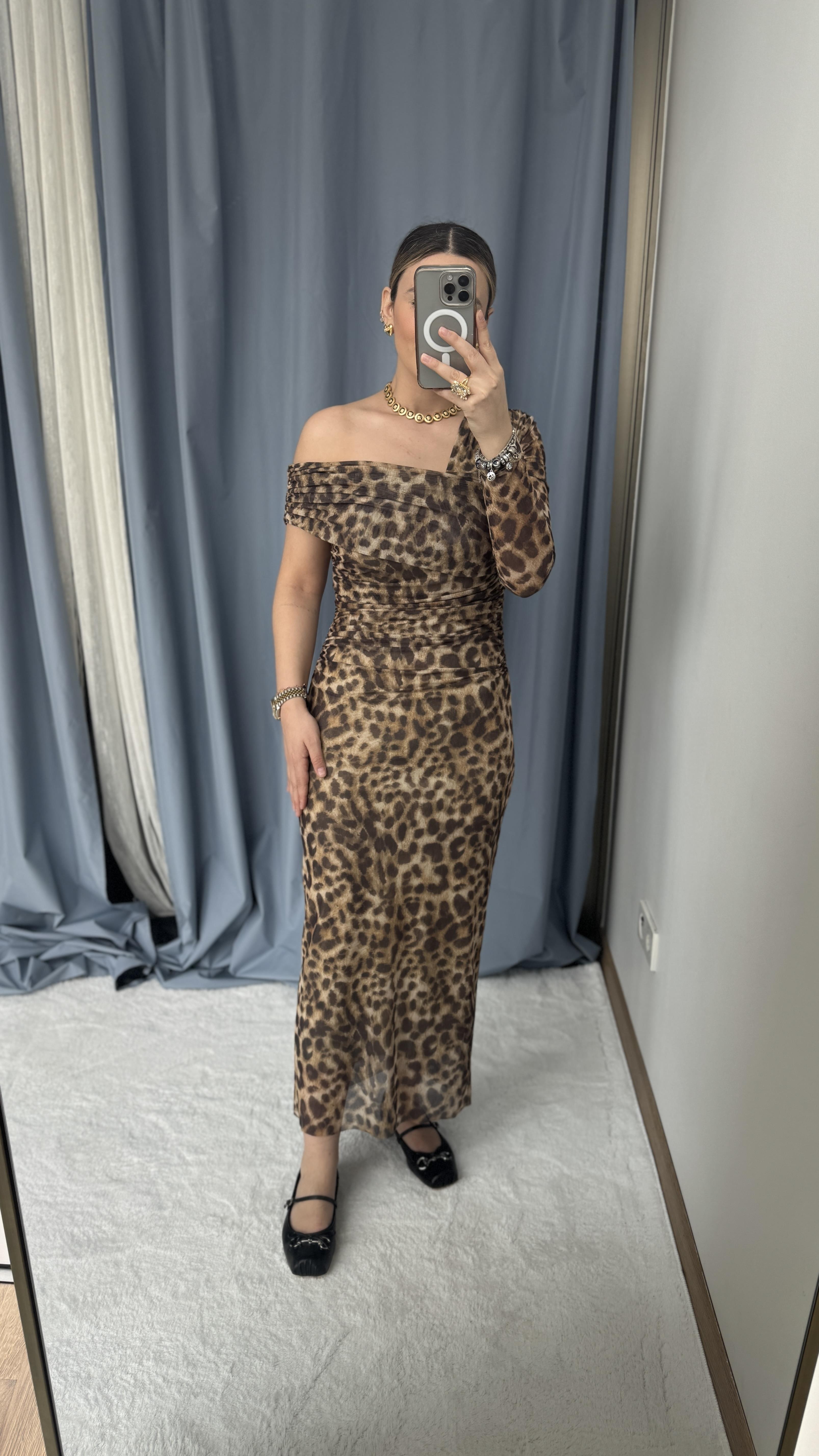 LEOPAR DESEN MIDI ELBİSE