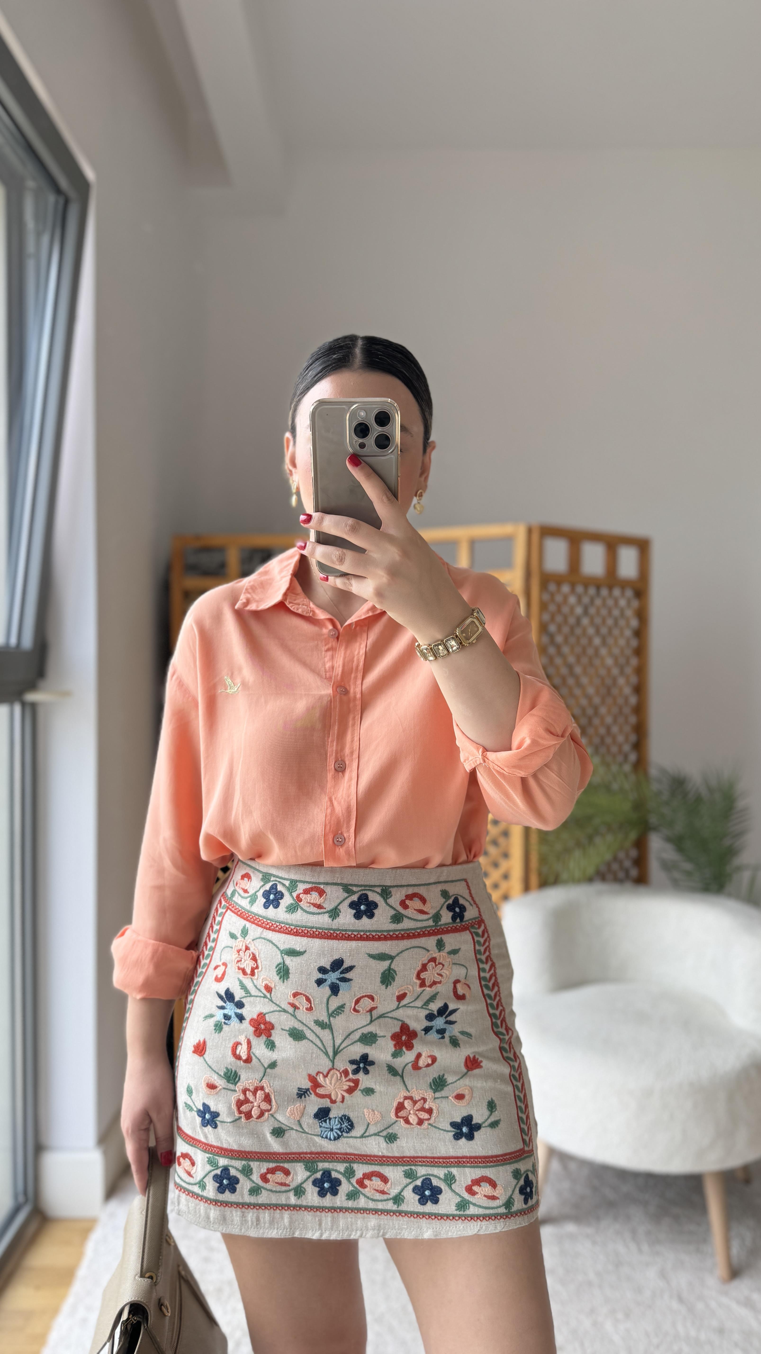 NAKIŞ İŞLEMELİ KETEN ETEK