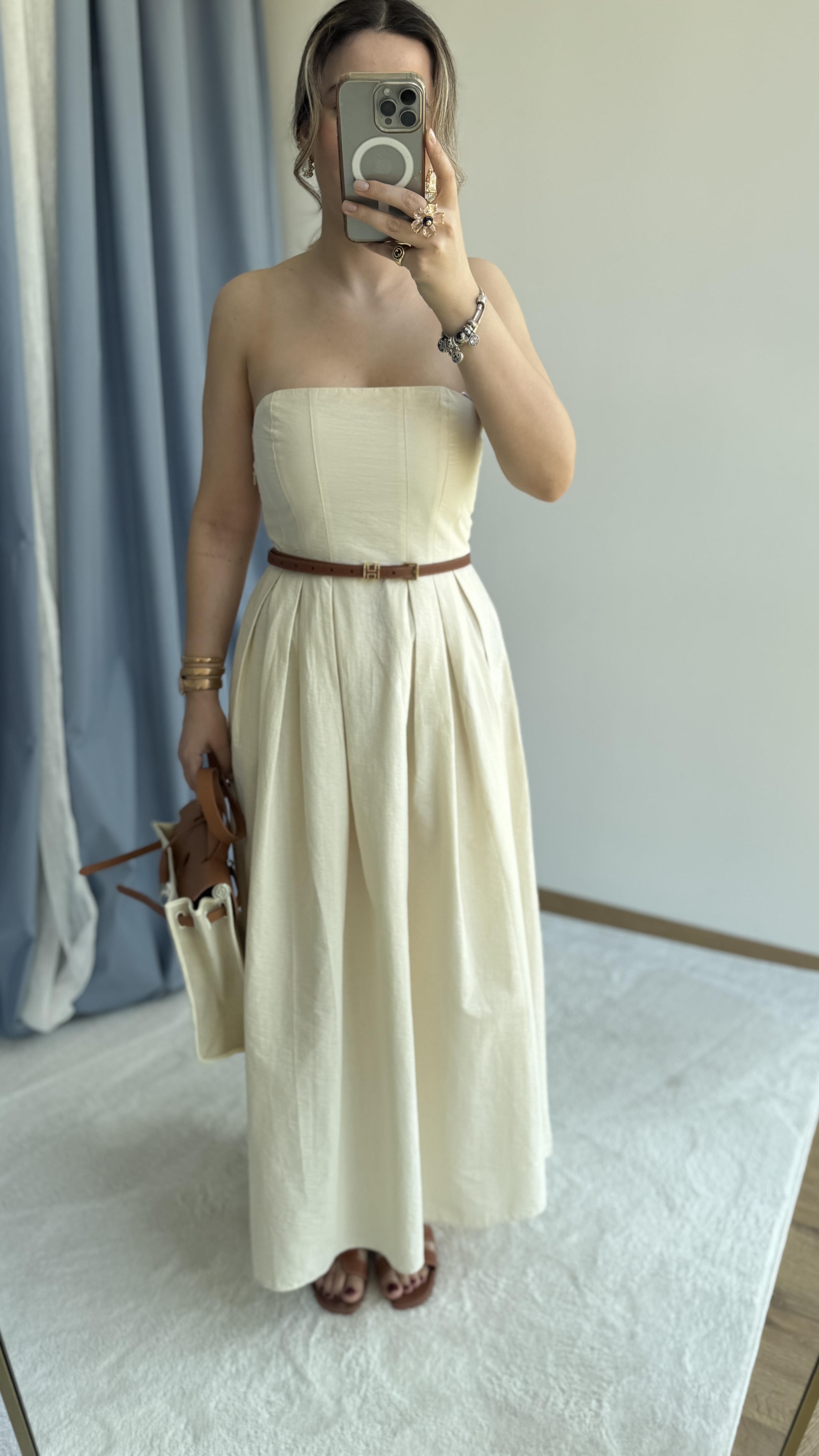 STRAPLEZ EKRU MIDI BOY ELBİSE