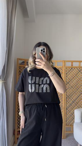 MİU SİYAH BONCUK İŞLEME T SHİRT