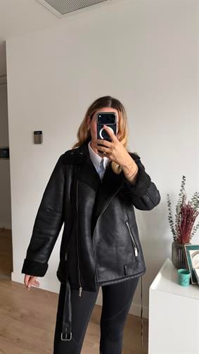 SİYAH DERİ KÜRK DETAY MONT