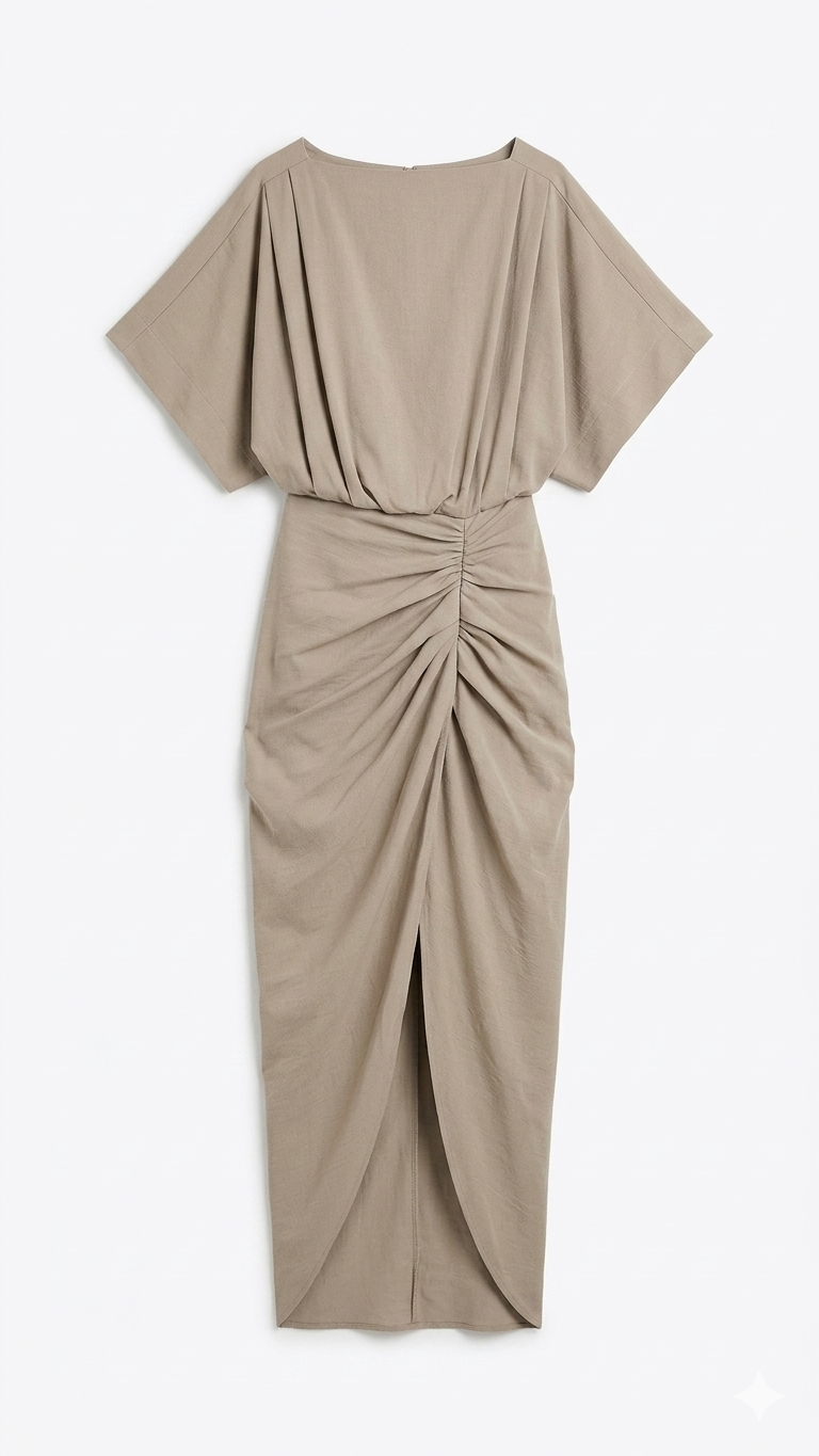 DRAPE DETAY KETEN ELBISE