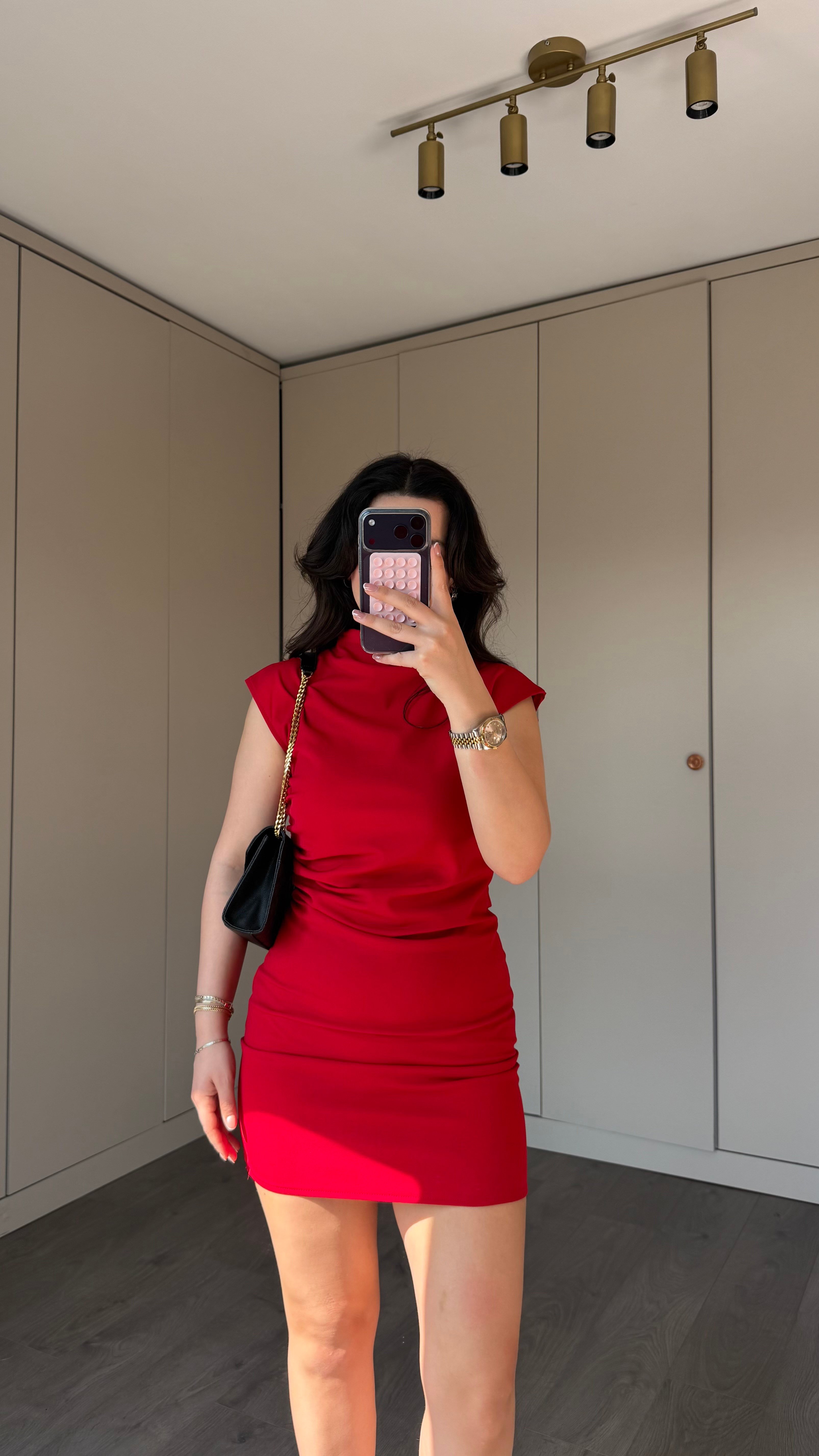 KIRMZI STREÇ DRAPE ELBİSE