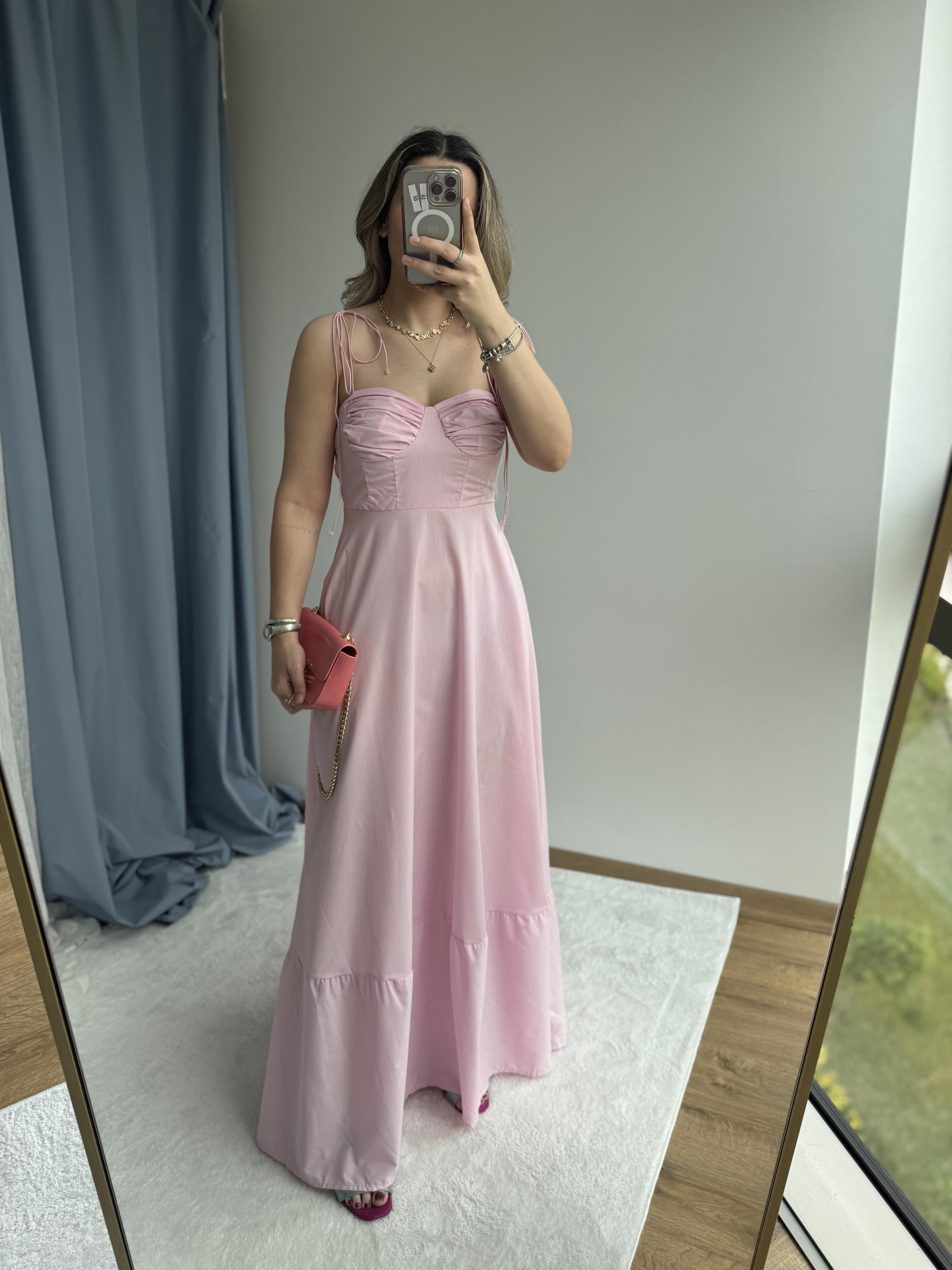 PEMBE POPLİN MAKSİ ELBİSE