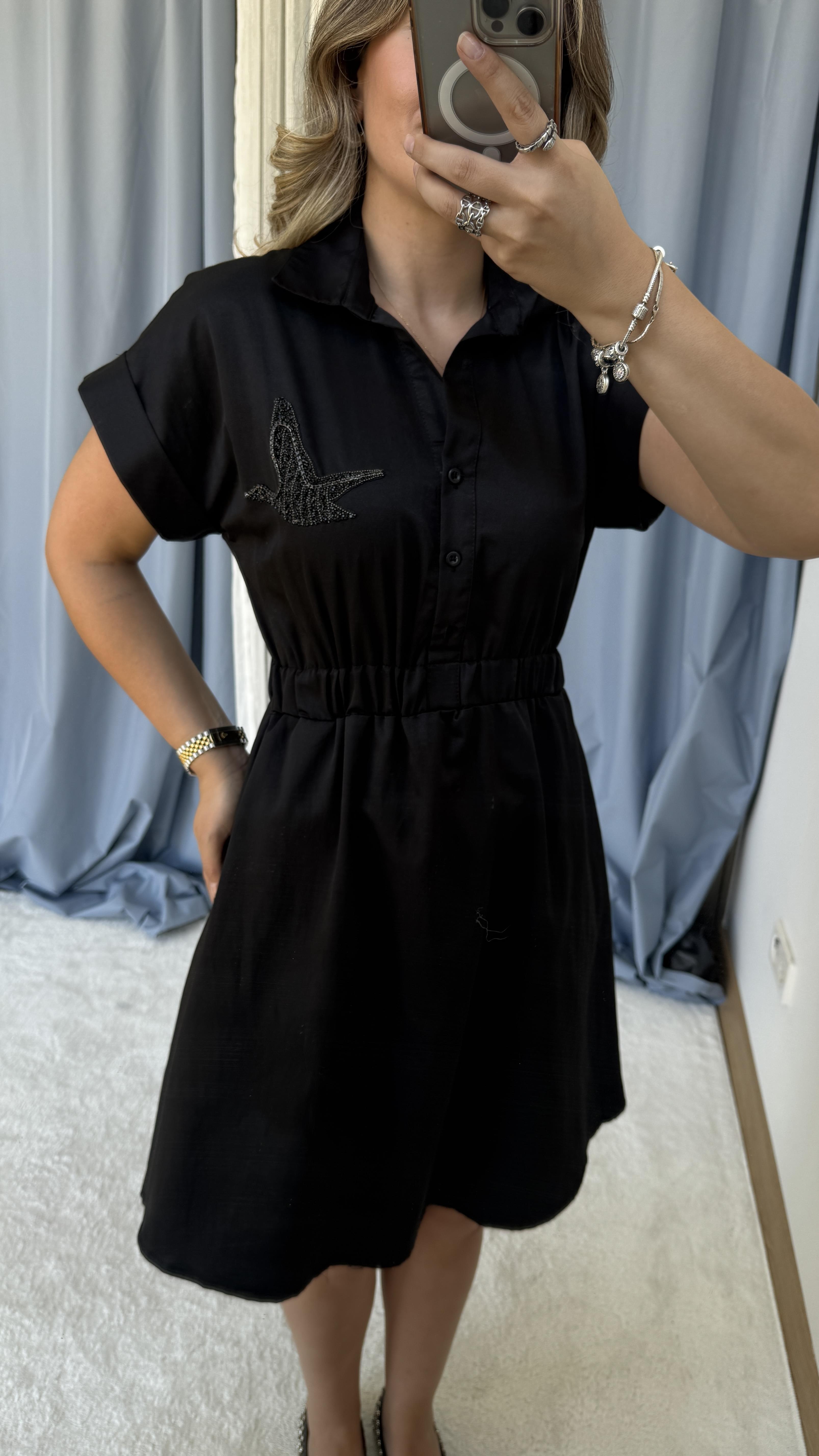 SİYAH İŞLEMELİ MİNİ ELBİSE