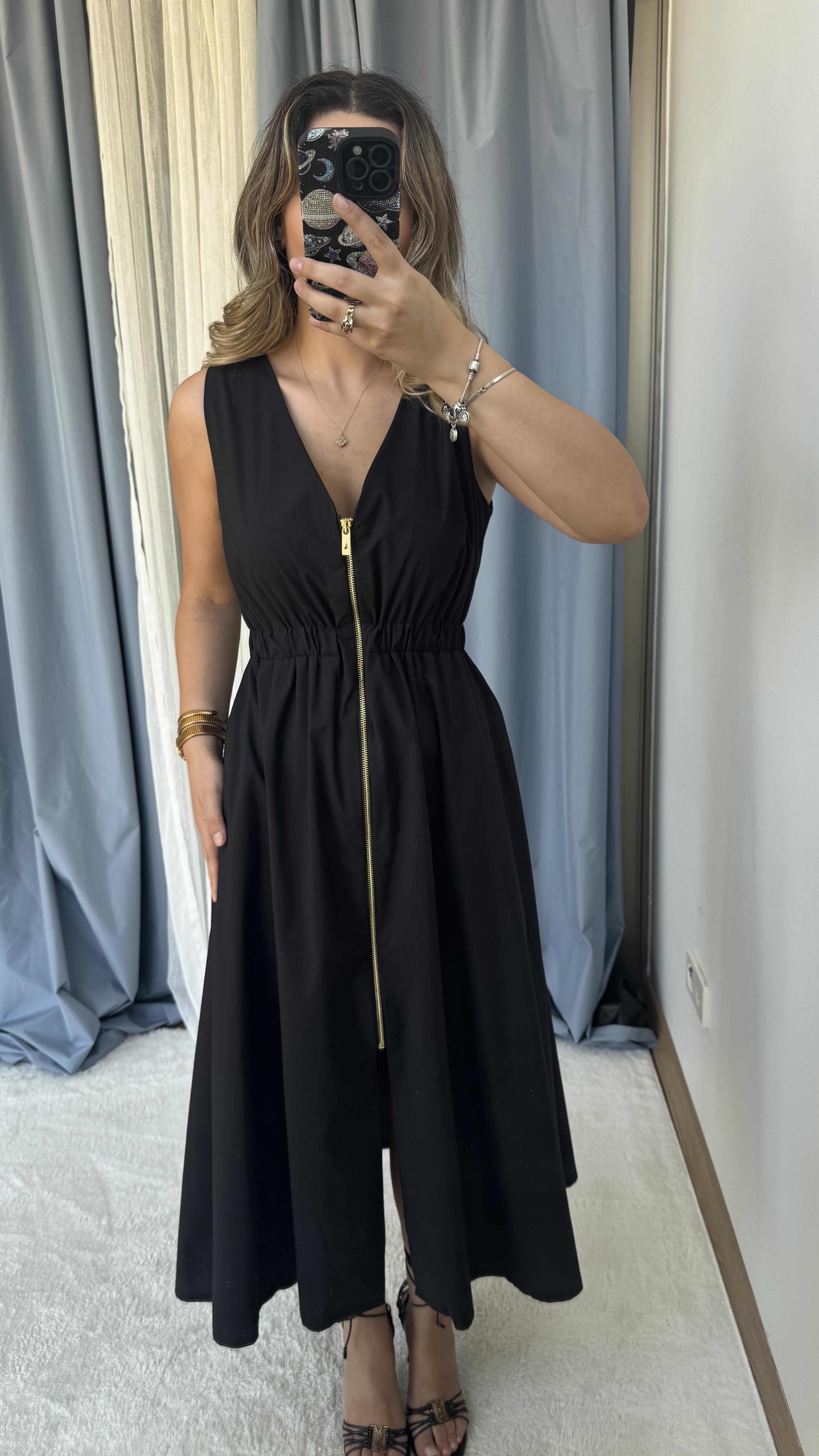 SİYAH MIDI BOY FERMUAR ELBİSE