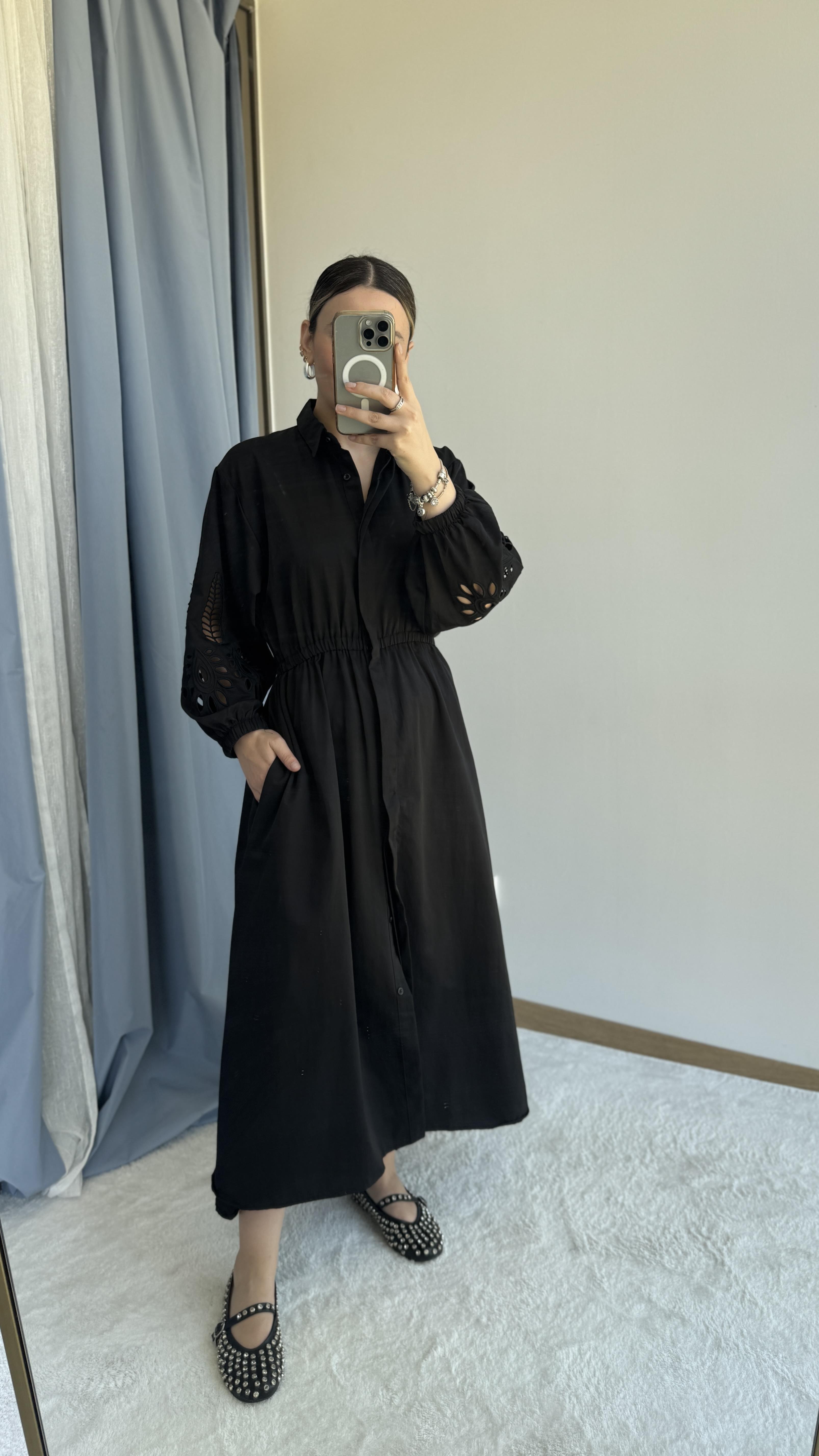 SİYAH MIDI BOY NAKIŞ ELBİSE