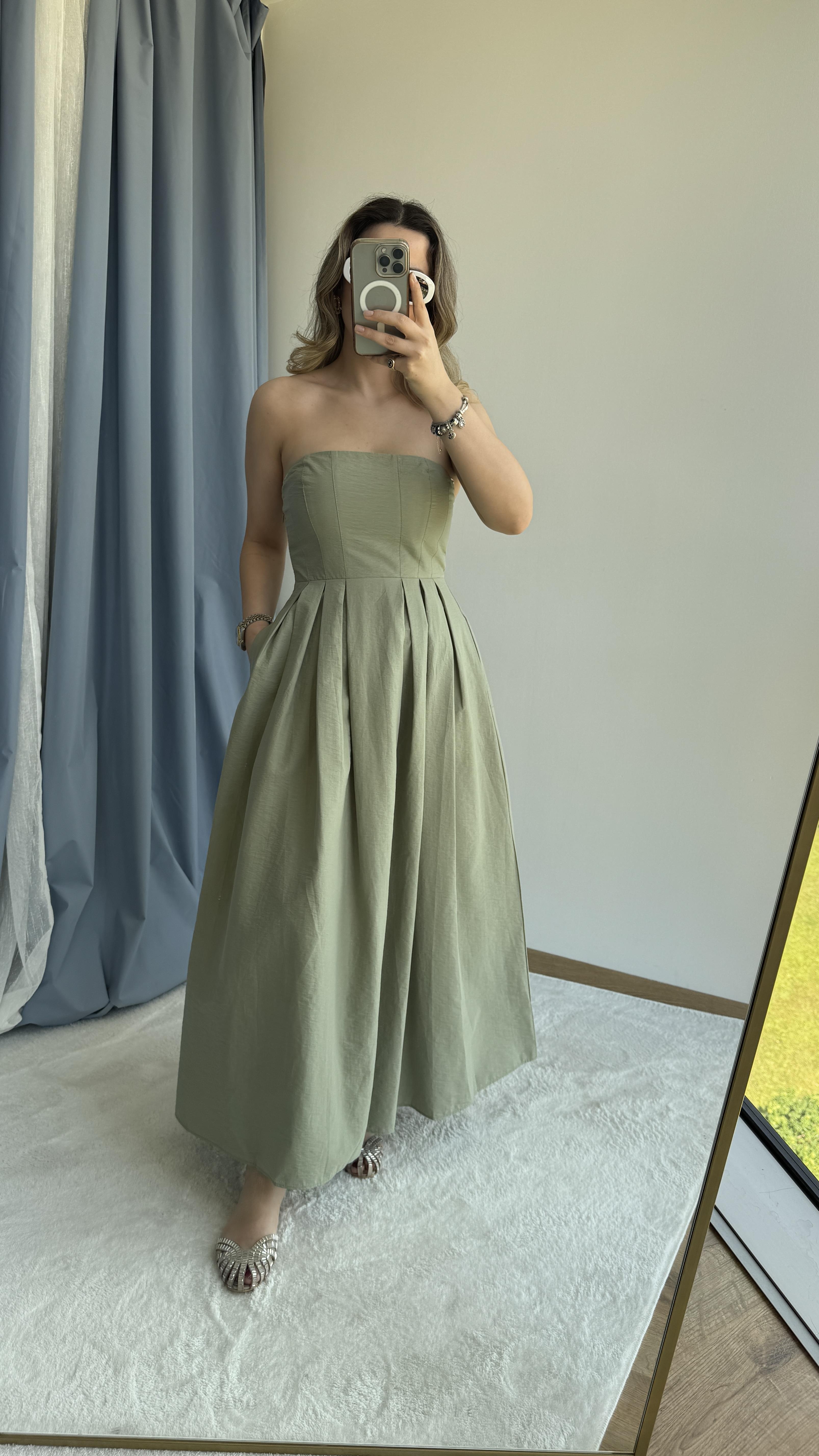 STRAPLEZ HAKİ MIDI BOY ELBİSE