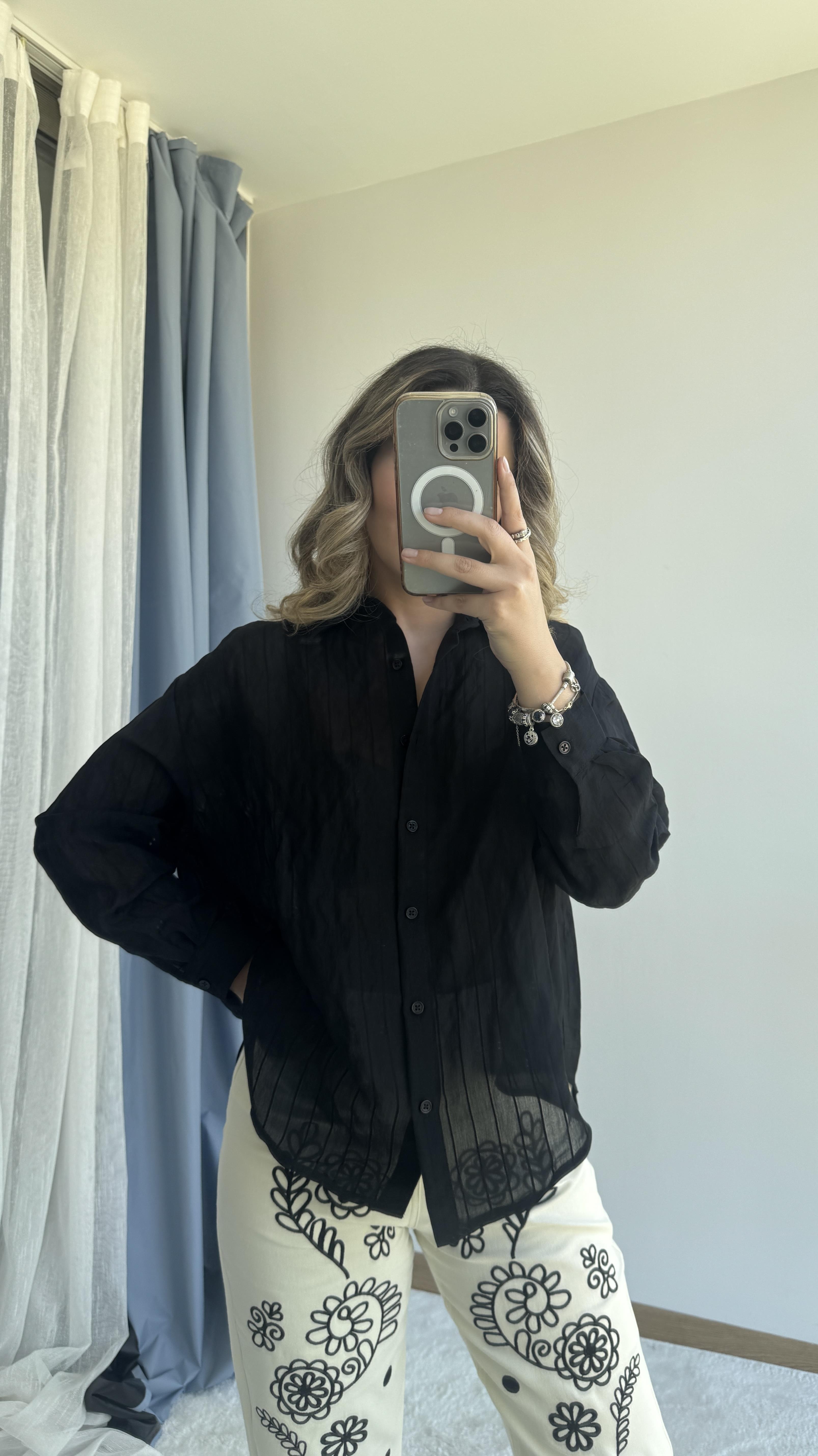 TRANSPARAN SİYAH KETEN GÖMLEK