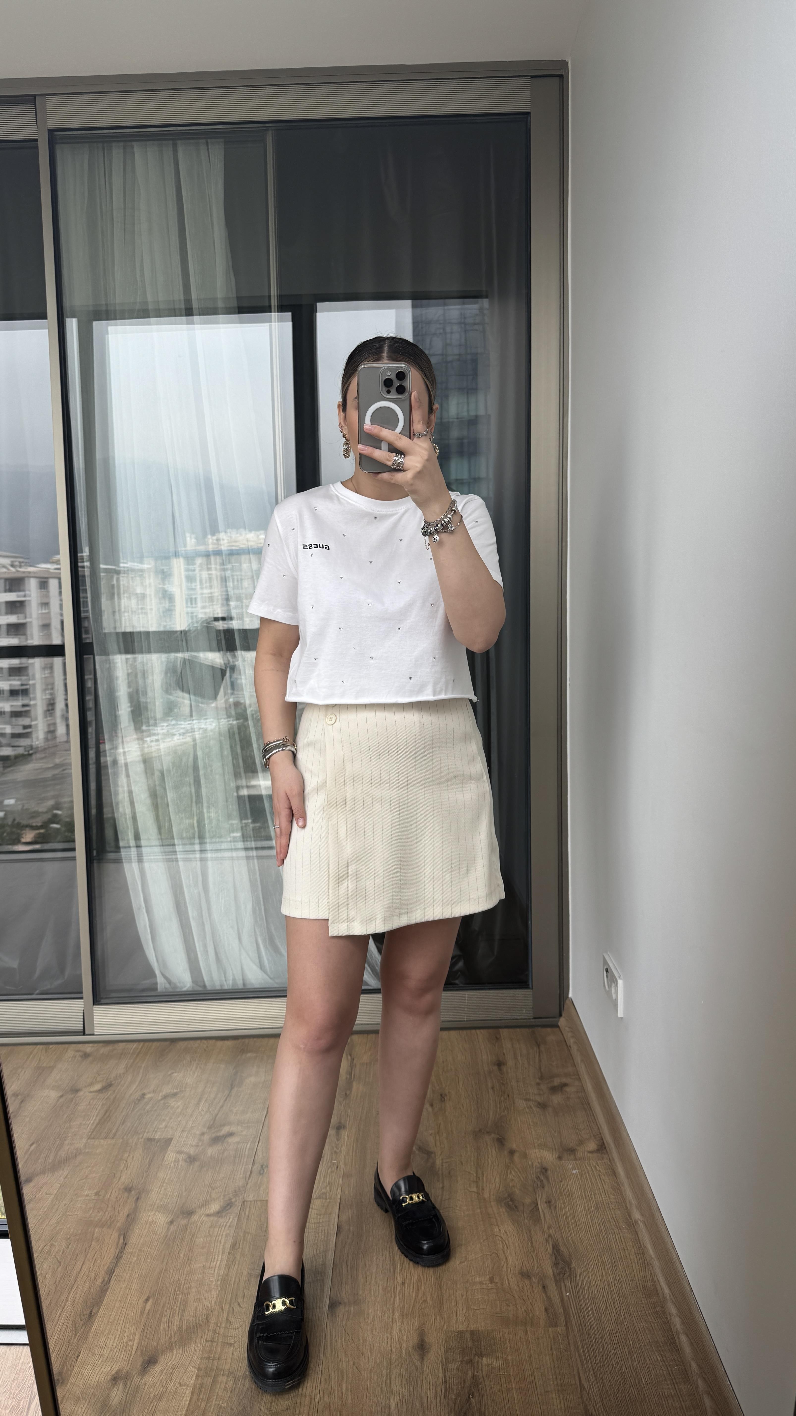 YÜKSEK BEL BEJ ÇİZGİLİ ETEK