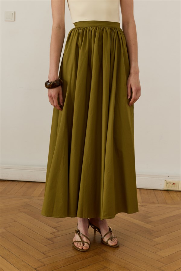 Aria Pleated Poplin Skirt Olive