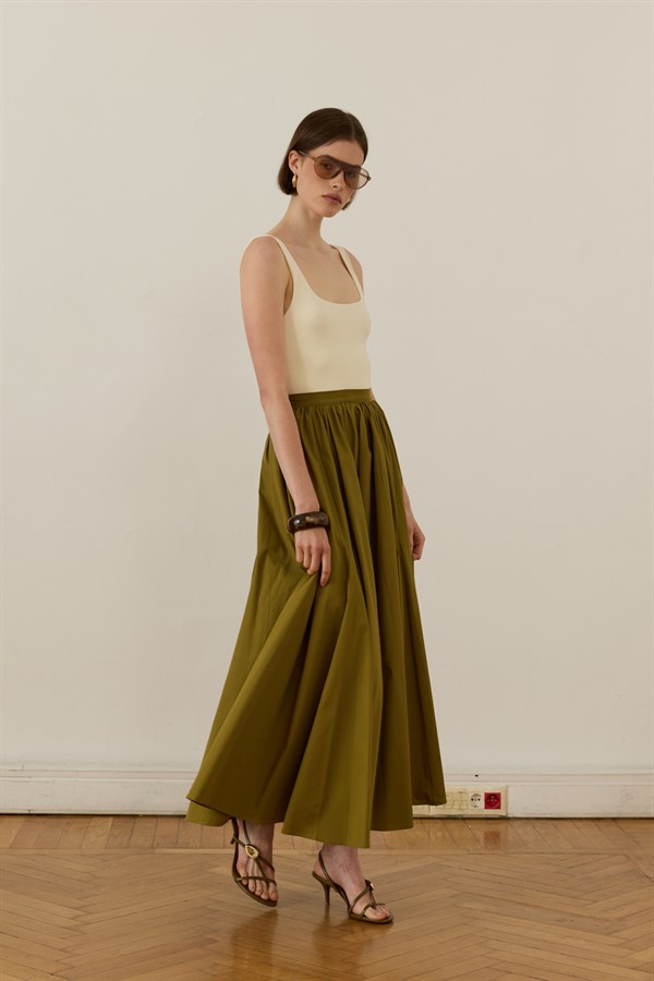 Aria Pleated Poplin Skirt Olive