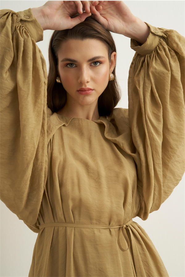 Arsela Balon Kol Uzun Elbise Olive