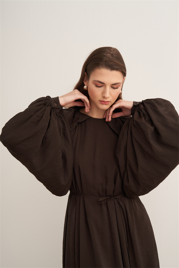 Arsela Balon Kol Uzun Elbise Acı Kahve