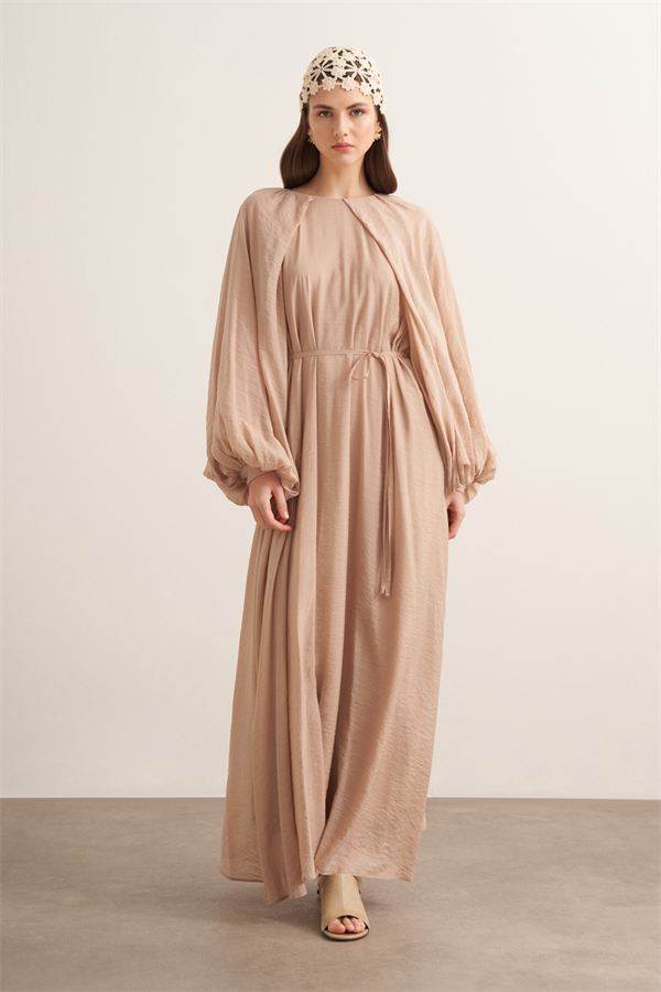 Arsela Balon Kol Uzun Elbise Bej
